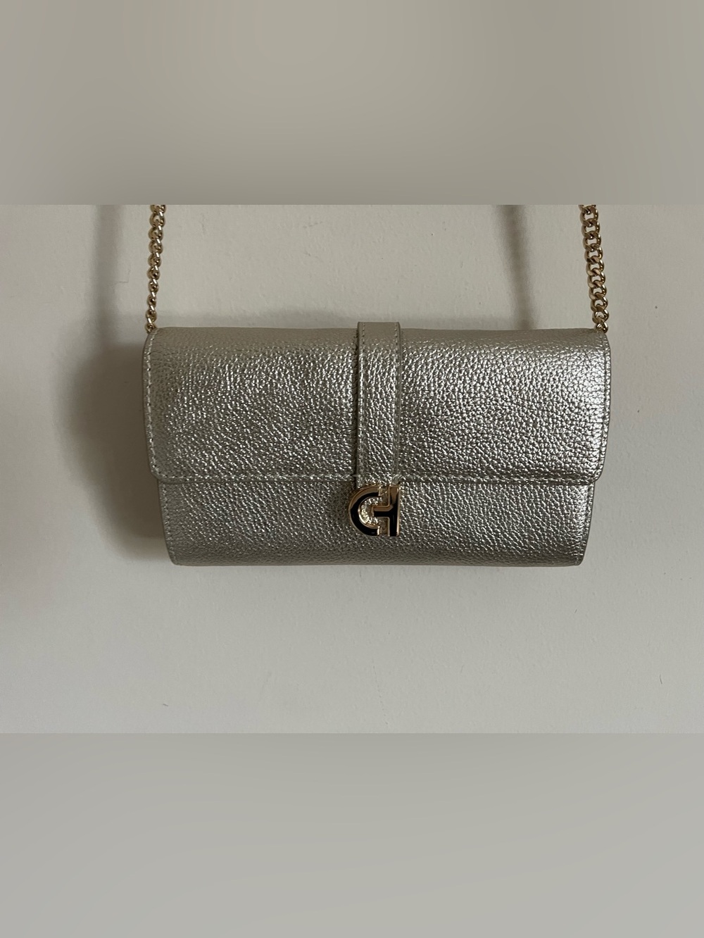 Cole Haan Collection Metalic Gold Pebbled Leather Crossbody Wallet Clutch Bag